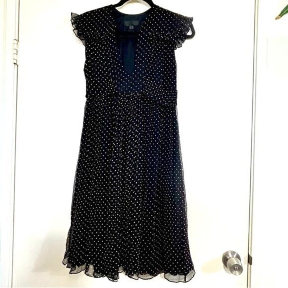 Jill Stuart Black Polka Dot Midi Dress with Ruffle Sleeves